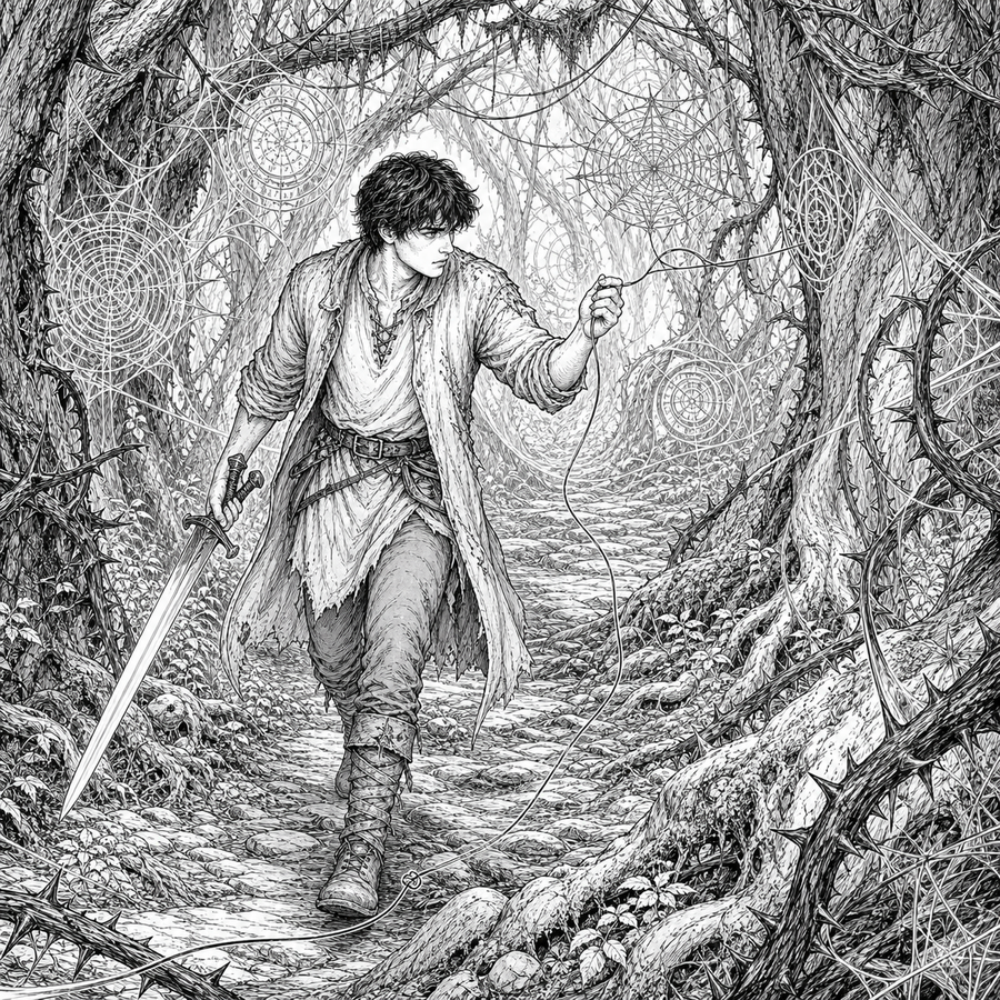 Black line art of Owen following a dark forest path